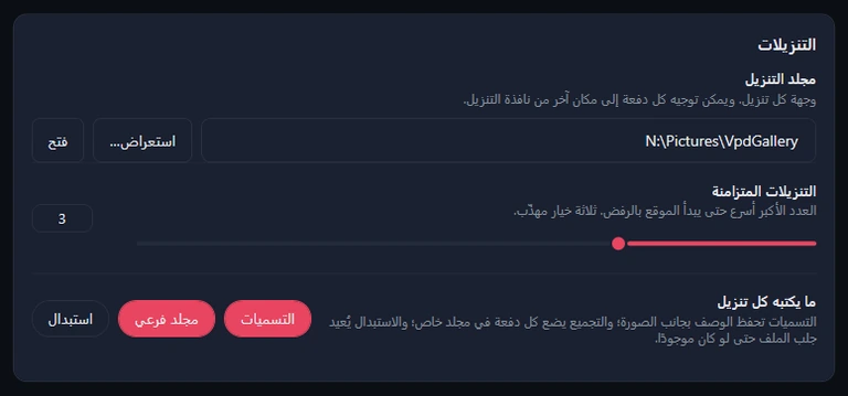 بطاقة التنزيلات: مجلد التنزيل مع استعراض وفتح، والتنزيلات المتزامنة 3، وما يكتبه كل تنزيل مع تفعيل التسميات والمجلد الفرعي وإيقاف الاستبدال.