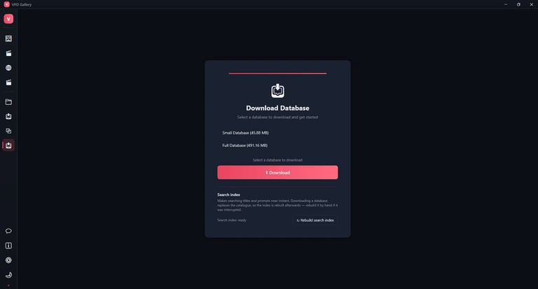The Database page: the Download Database card with Small Database and Full Database, the Download button, and the search index status with Rebuild search index.