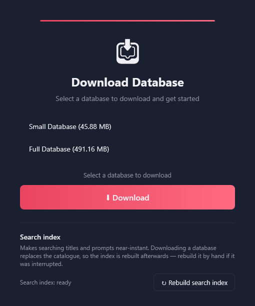 The Download Database card: Small Database (45.88 MB), Full Database (491.16 MB), Download, Search index: ready, and Rebuild search index.