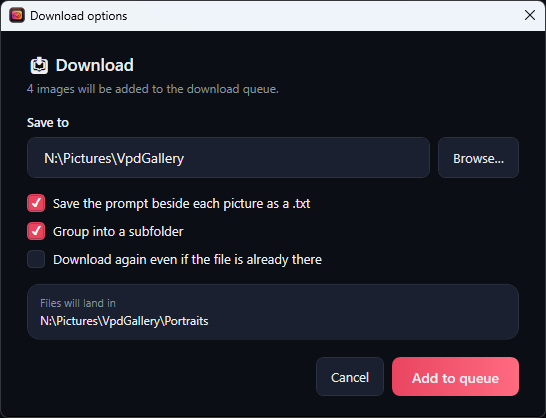 The Download options window: Save to with Browse, three check boxes, Files will land in, and Cancel and Add to queue.