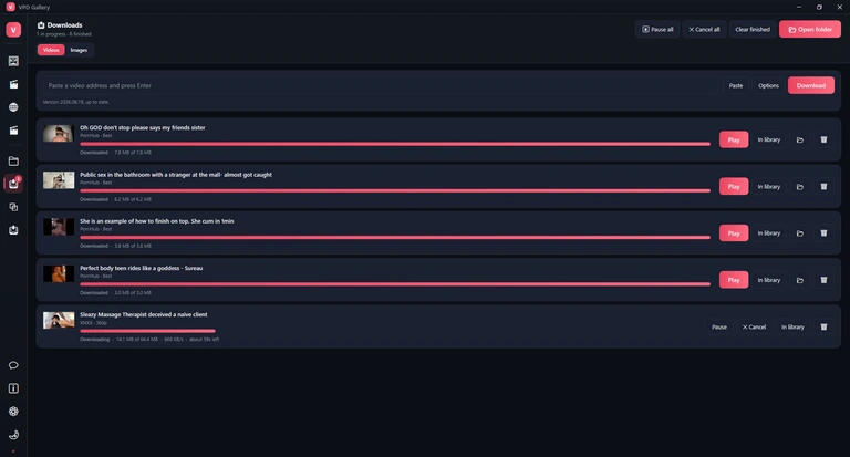 The Downloads page with one download in progress above four finished ones.