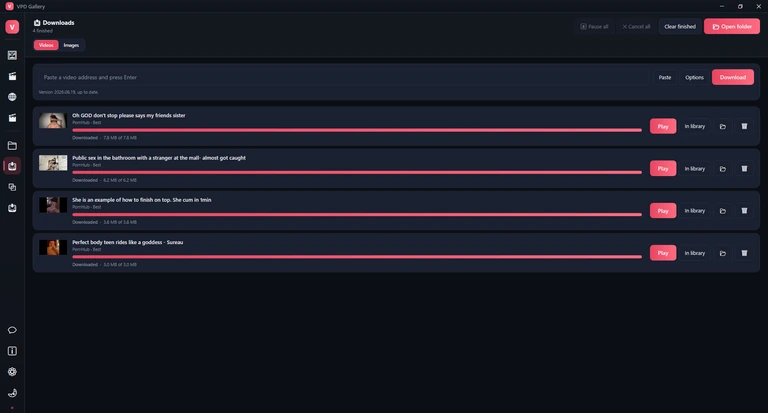 The Downloads page, Videos tab: the address box with Paste, Options and Download, the tool status line, and four finished video rows.