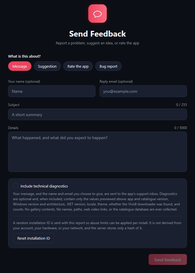 The feedback form: four topic buttons, name and reply email, Subject 0 / 255, Details 0 / 5000, the diagnostics option with its notes, Reset installation ID and the Send feedback button.