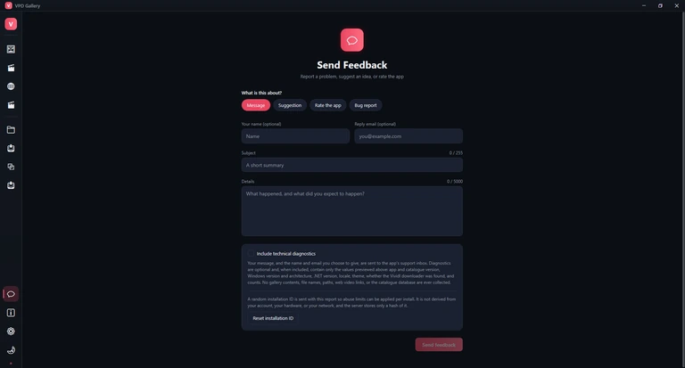 The Send Feedback page with an empty form and the Send feedback button greyed out.