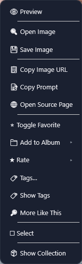 The picture card menu with its fourteen items, from Preview to Show Collection.
