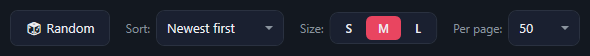 The Random button, the Sort list set to Newest first, the S, M and L size buttons with M selected, and Per page set to 50.