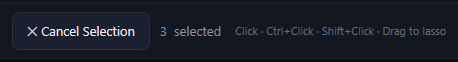Cancel Selection, 3 selected, and the hint Click, Ctrl+Click, Shift+Click, Drag to lasso.