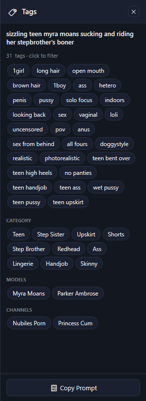 The Tags panel: the title, 31 tags · click to filter, the tag chips, the CATEGORY, MODELS and CHANNELS chips, and Copy Prompt.