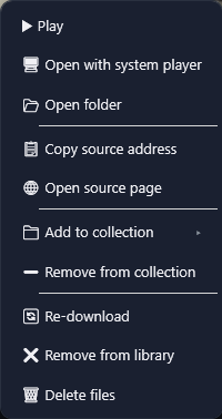 A library card menu with ten items, from Play to Delete files.