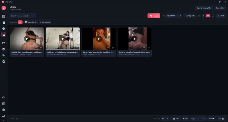 The Library page: 4 videos · 20.8 MB, a toolbar, the Collections row and four video cards with quality and length badges.