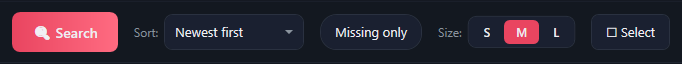 The Search button, Sort set to Newest first, Missing only, the size buttons S, M and L with M chosen, and Select.