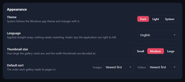The Appearance card: Theme Dark, Language English, Thumbnail size Medium, and Default sort Newest first for Images and Videos.