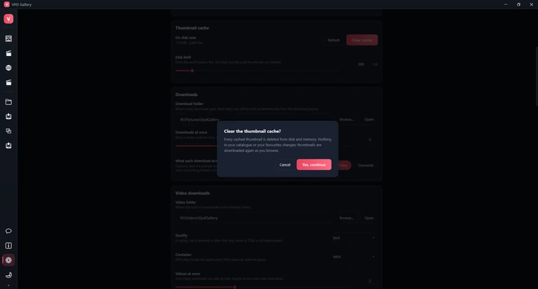 The Clear the thumbnail cache? sheet over the dimmed Settings page, with Cancel and Yes, continue.