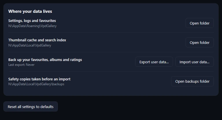 The Where your data lives card: two folders with Open folder, Export user data and Import user data with Last export: Never, the backups folder with Open backups folder, and Reset all settings to defaults below the card.