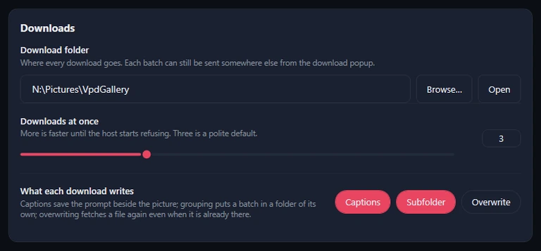 The Downloads card: the Download folder with Browse and Open, Downloads at once 3, and What each download writes with Captions and Subfolder on and Overwrite off.