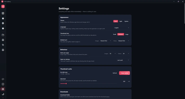 The top of the Settings page: the Appearance, Behaviour and Thumbnail cache cards, with the Downloads card starting at the bottom edge.