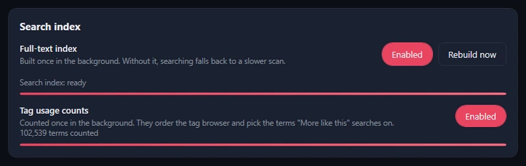 The Search index card: Full-text index Enabled with Rebuild now and Search index: ready; Tag usage counts Enabled with 102,539 terms counted.