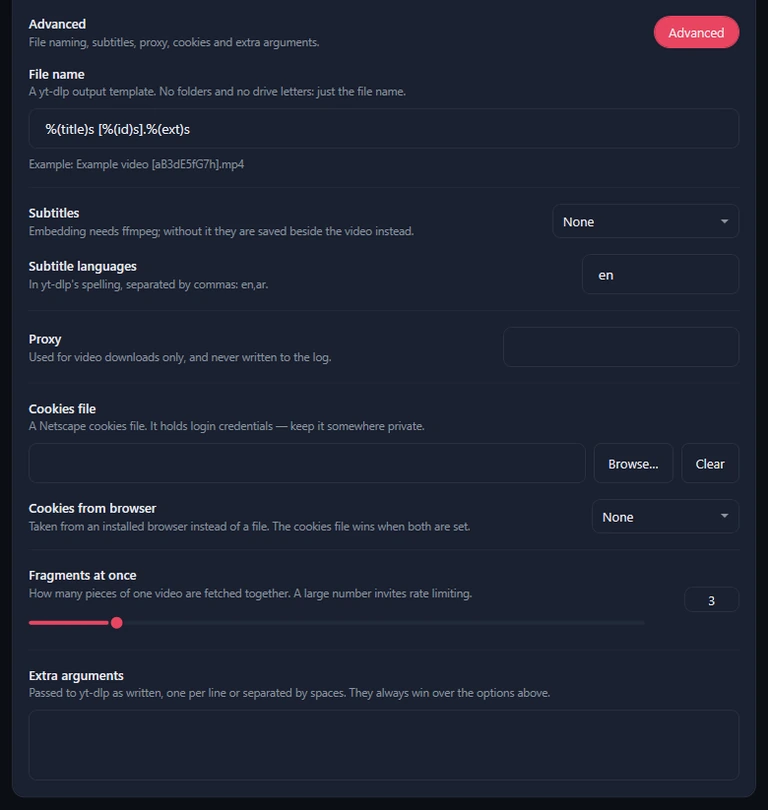 The Advanced options of the card: File name with its Example line, Subtitles None, Subtitle languages en, Proxy, Cookies file with Browse and Clear, Cookies from browser None, Fragments at once 3, and Extra arguments.