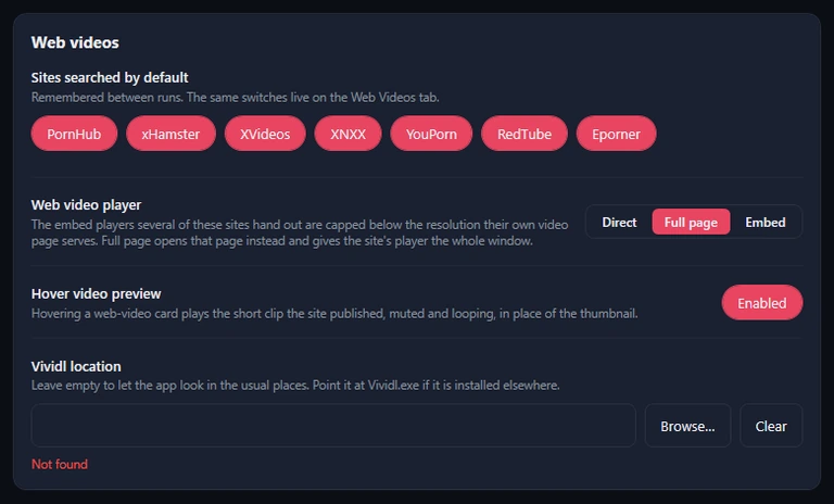 The Web videos card: seven site switches, all on; Web video player with Direct, Full page (selected) and Embed; Hover video preview Enabled; and Vividl location with Browse, Clear and the status Not found.