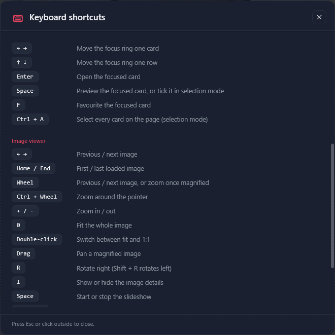 The shortcut list, part 2: the Gallery shortcuts and the Image viewer ones down to Space for the slideshow.