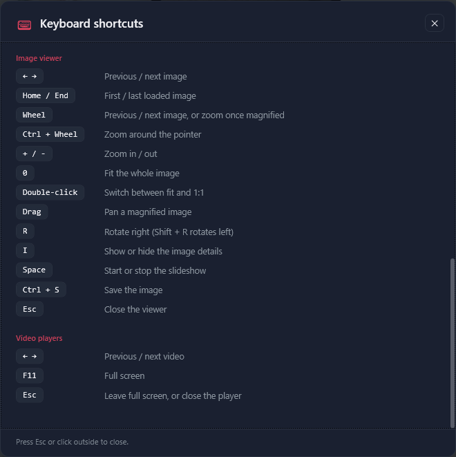 The shortcut list, part 3: the Image viewer and Video players shortcuts, with the footer telling you to press Esc or click outside to close.