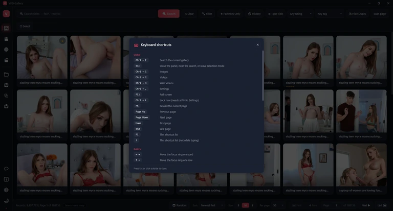 The Keyboard shortcuts window over the dimmed Images page, showing the Global shortcuts, including Ctrl + 3 for Web Videos, and the start of the Gallery ones.