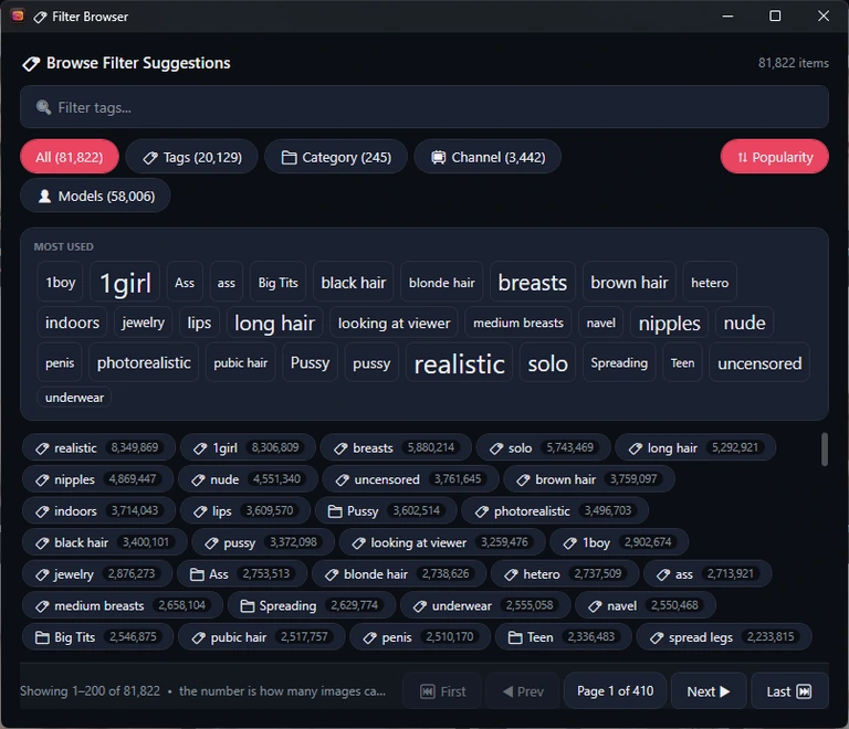 The Filter Browser window: 81,822 items, a filter box, the tabs All, Tags, Category, Channel and Models with their counts, the Popularity button, a Most used cloud, a list of terms with counts, and the pager.