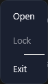 The tray icon's menu: Open, Lock (greyed out) and Exit.