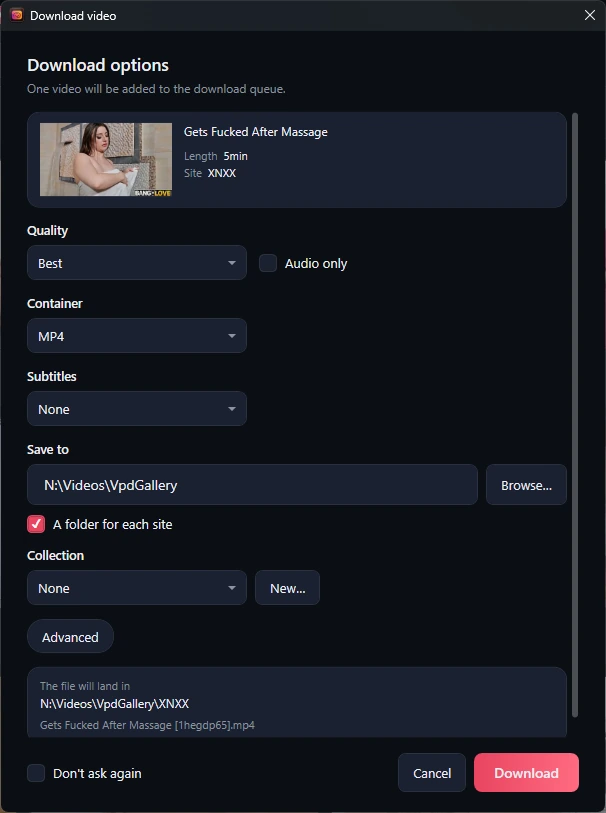 The Download video window: a preview of the video, Quality, Audio only, Container, Subtitles, Save to, A folder for each site, Collection, Advanced, the destination, Don't ask again, Cancel and Download.