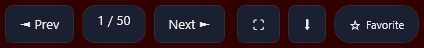 The player's floating bar: Prev, 1 / 50, Next, the full-screen button, a button with a downward arrow, and Favorite.