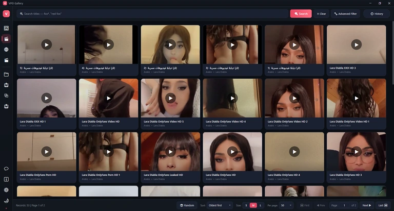 The Videos page: a toolbar with the search box, Search, Clear, Advanced Filter and History, a grid of video posters with play symbols, and a footer with the record count, Random, sort, size, items per page and page buttons.