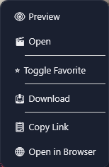 The web card menu: Preview, Open, Toggle Favorite, Download, Copy Link and Open in Browser.