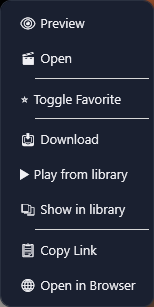 The web card menu of a downloaded video, which adds Play from library and Show in library.