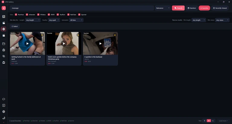 The Web Videos page with Favorites switched on, showing three starred videos and 3 saved favorites in the footer.