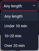 The Length list open: Any length, Under 10 min, 10-20 min, Over 20 min.