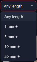 The Min length list open: Any length, 1 min +, 5 min +, 10 min +, 20 min +.