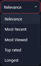 The sort list open: Relevance, Most Recent, Most Viewed, Top rated, Longest.