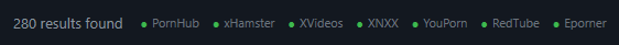The status strip: 280 results found, then PornHub, xHamster, XVideos, XNXX, YouPorn, RedTube and Eporner, each with a green dot.